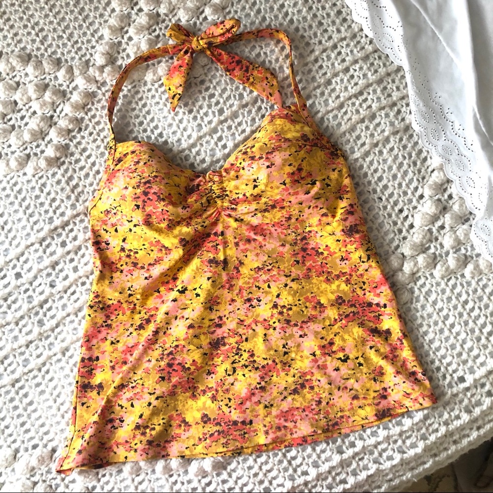 Lands' End Yellow Pink Floral Halter Tankini Top